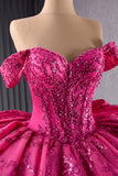 Sparkly Fuchsia Appliques Off the Shoulder Corset Bow Quinceanera Dress