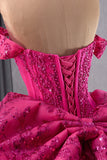 Sparkly Fuchsia Appliques Off the Shoulder Corset Bow Quinceanera Dress