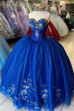 Sparkly Royal Blue 3D Floral Appliques Strapless Corset Tulle Quinceanera Dress