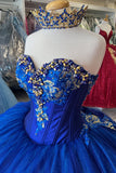Sparkly Royal Blue 3D Floral Appliques Strapless Corset Tulle Quinceanera Dress