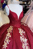 Spaghetti Straps Sparkly Burgundy Appliques Sequins Quinceanera Dress