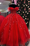Red Tulle Corset Appliques Off the Shoulder Quinceanera Dress with Beads