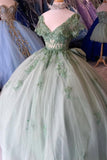 Tulle Sparkly Grey Green Corset Appliques Beads Off the Shoulder Quinceanera Dress