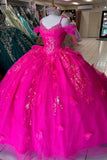 3D Floral Sparkly Fuchsia Corset Appliques Beads Cold Shoulder Quinceanera Dress