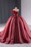 One Shoulder Sparkly Burgundy Corset Appliques Beads Quinceanera Dress