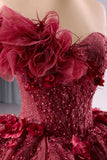 One Shoulder Sparkly Burgundy Corset Appliques Beads Quinceanera Dress