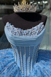 Spakly Sequins Blue Tulle Appliques Corset Strapless Quinceanera Dress with Beads