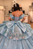 Sparkly Grey Blue Tiered Appliques Off the Shoulder Quinceanera Dress