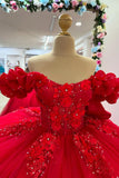 Sparkly Red Ruffles Appliques Off the Shoulder Quinceanera Dress with Beads