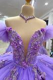 Tulles Purple Corset Ruffles Appliques Off the Shoulder Quinceanera Dress