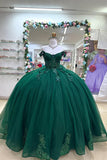Dark Green Off the Shoulder Corset Appliques Tulle Quinceanera Dress