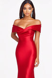 Red Mermaid Off The Shoulder Satin Prom Dress