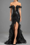 Black Mermaid Off The Shoulder Sequins Tulle Prom Dress