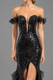 Black Mermaid Off The Shoulder Sequins Tulle Prom Dress