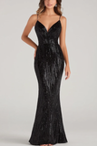 Black Mermaid Spaghetti Straps Sequins Prom Dress