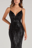 Black Mermaid Spaghetti Straps Sequins Prom Dress