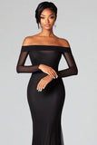 Black Sheath Off The Shoulder Mesh Prom Dress