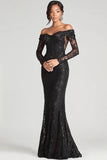 Black Sheath Off The Shoulder Mesh And Lace Prom Dress