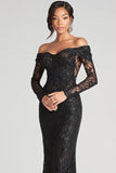 Black Sheath Off The Shoulder Mesh And Lace Prom Dress