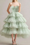 A Line Sage Strapless Tiered Ruffles Tulle Prom Dress
