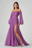 Purple A Line Long Sleeves Long Chiffon Prom Dress with Slit