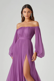 Purple A Line Long Sleeves Long Chiffon Prom Dress with Slit