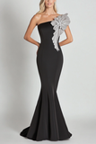 Black Mermaid One Shoulder with Sequin Flower Long Prom Dress