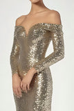 Golden Column One Shoulder Sequin Long Prom Dress