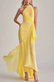 Light Yellow Halter Neck Mermaid Chiffon Long Bridesmaid Dress