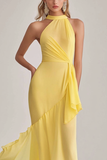 Light Yellow Halter Neck Mermaid Chiffon Long Bridesmaid Dress