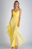 Light Yellow Spaghetti Straps Mermaid Chiffon Long Bridesmaid Dress