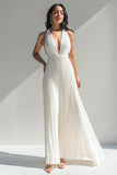 Ivory Halter Neck Chiffon Pleated Long Prom Dress