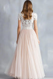Light Pink A Line Lace Tulle Bridesmaid Dress With Short Sleeves