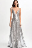 Sparkly V Neck Silver Sequined A Line Prom Dress