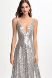 Sparkly V Neck Silver Sequined A Line Prom Dress