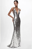 Sparkly Silver V-neck Sequined Mermaid Prom Dress