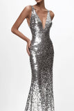 Sparkly Silver V-neck Sequined Mermaid Prom Dress