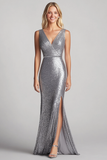 Silver V-Neck Mermaid Long Prom Dress with Slit
