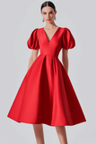 Red A Line Satin Prom Dress with Puff Sleeves