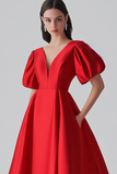Red A Line Satin Prom Dress with Puff Sleeves