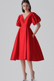 Red A Line Satin Prom Dress with Puff Sleeves