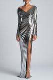 Silver Metallic Satin Ruched Sheath Prom Dress with Slit