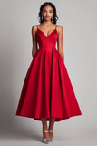 Red Satin A-Line Tea Length Prom Dress