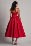Red Satin A-Line Tea Length Prom Dress