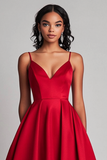 Red Satin A-Line Tea Length Prom Dress