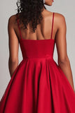 Red Satin A-Line Tea Length Prom Dress