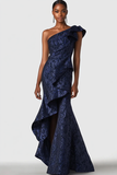 Navy One Shoulder Ruffled Mermaid Prom Dress