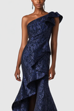 Navy One Shoulder Ruffled Mermaid Prom Dress
