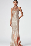 Champagne Halter Mermaid Sequins Prom Dress