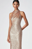 Champagne Halter Mermaid Sequins Prom Dress